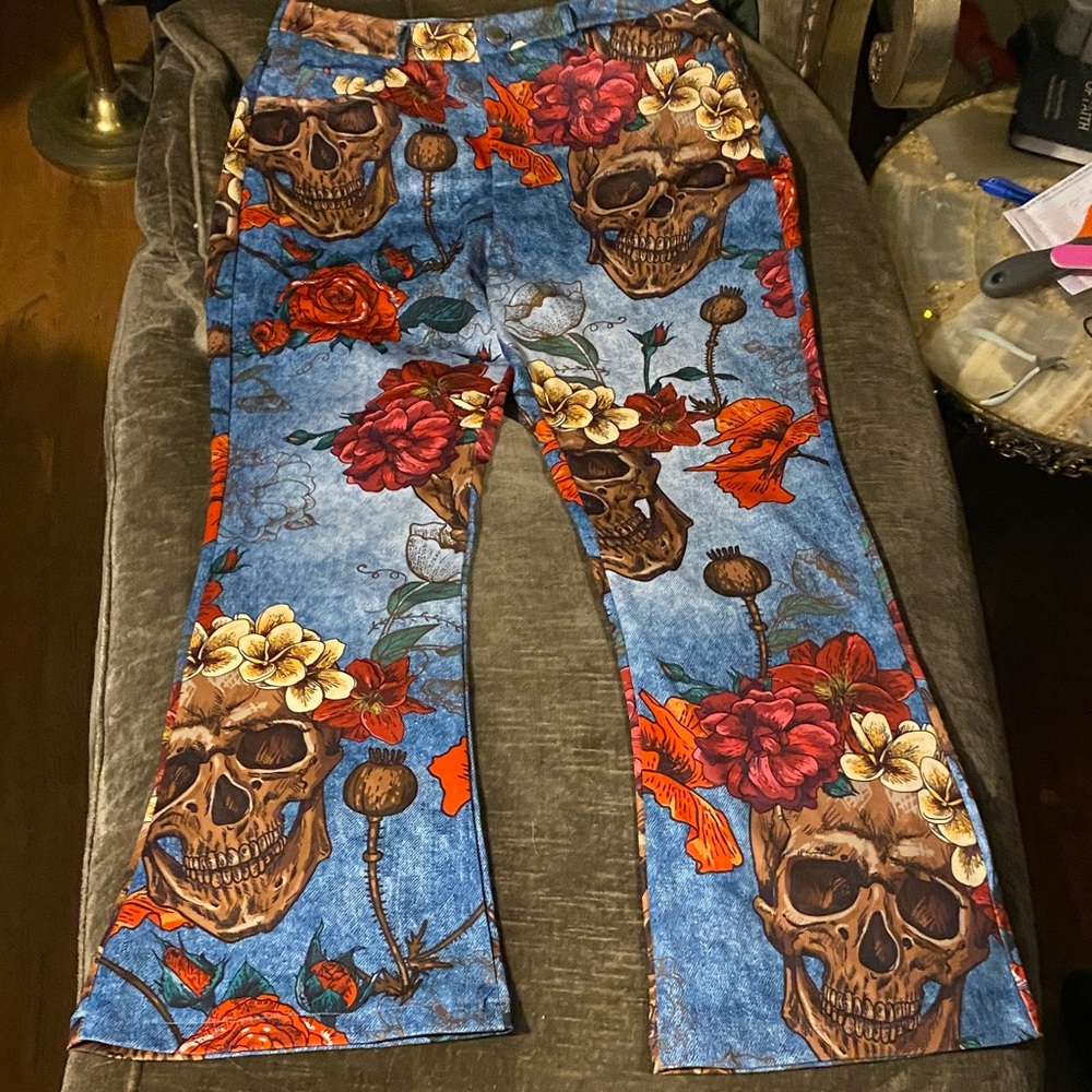 Macy's Floral Skull Print Flare Jeans - Blue and Brown